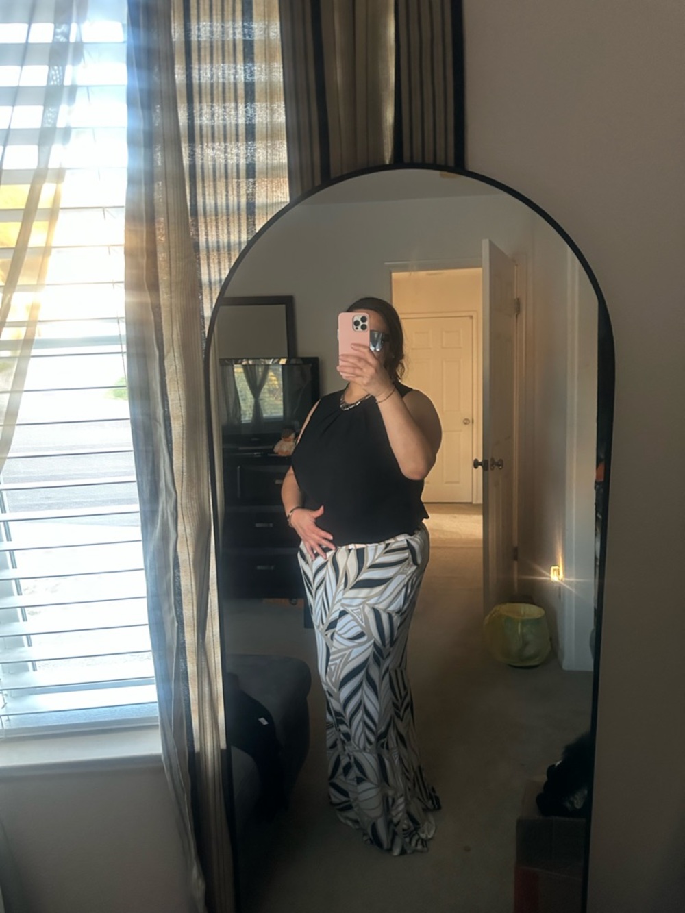Maxi Skirt with Neutral Leaf Print - Black & White